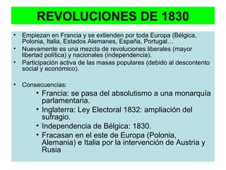 REVOLUCIONES DE 1830
• Empiezan en Francia y se extienden por toda Europa (Bélgica,
Polonia, Italia, Estados Alemanes, España, Portugal…
• Nuevamente es una mezcla de revoluciones liberales (mayor
libertad política) y nacionales (independencia).
• Participación activa de las masas populares (debido al descontento
social y económico).
• Consecuencias:
• Francia: se pasa del absolutismo a una monarquía
parlamentaria.
• Inglaterra: Ley Electoral 1832: ampliación del
sufragio.
• Independencia de Bélgica: 1830.
• Fracasan en el este de Europa (Polonia,
Alemania) e Italia por la intervención de Austria y
Rusia
 