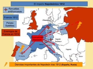 Revueltas
antifrancesas
El imperio Napoleónico 1812
Francia 1812
Países
Satélites
Enemigos de
Francia en 1812
Expansiónde
Napoleón
Derrotas importantes de Napoleón tras 1812 (España, Rusia)
Cataluña Etruria
P.
Bajos
Ducado
Varsovia
Confedar.
del Rhin
R. Nápoles
R. Westf. Prusia
Saboya
Conf.
Helvet
R.Italia
R. España
 