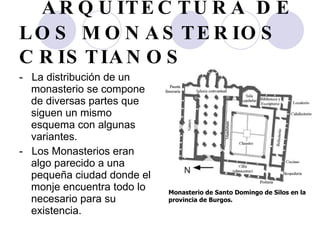 ARQUITECTURA DE LOS MONASTERIOS CRISTIANOS -  La distribución de un monasterio se compone de diversas partes que siguen un mismo esquema con algunas variantes.  -  Los Monasterios eran algo parecido a una pequeña ciudad donde el monje encuentra todo lo necesario para su existencia. Monasterio de Santo Domingo de Silos en la provincia de Burgos. 