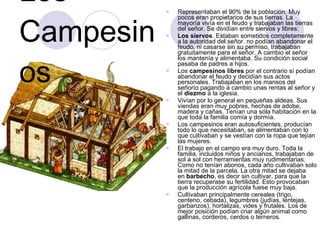 Los Campesinos Representaban el 90% de la población. Muy pocos eran propietarios de sus tierras. La mayoría vivía en el feudo y trabajaban las tierras del señor. Se dividían entre siervos y libres: Los siervos . Estaban sometidos completamente a la autoridad del señor. no podían abandonar el feudo, ni casarse sin su permiso, trabajaban gratuitamente para el señor. A cambio el señor los mantenía y alimentaba. Su condición social pasaba de padres a hijos. Los  campesinos libres  por el contrario sí podían abandonar el feudo y decidían sus actos personales. Trabajaban en los mansos del señorío pagando a cambio unas rentas al señor y el  diezmo  a la iglesia. Vivían por lo general en pequeñas aldeas. Sus viendas eran muy pobres, hechas de adobe, madera y cañas. Tenían una sóla habitación en la que toda la familia comía y dormía. Los campesinos eran autosuficientes, producían todo lo que necesitaban, se alimentaban con lo que cultivaban y se vestían con la ropa que tejían las mujeres. El trabajo en el campo era muy duro. Toda la familia, incluidos niños y ancianos, trabajaban de sol a sol con herramientas muy rudimentarias. Como no tenían abonos, cada año cultivaban solo la mitad de la parcela. La otra mitad se dejaba en  barbecho , es decir sin cultivar, para que la tierra recuperase su fertilidad. Esto provocaban que la producción agrícola fuese muy baja. Cultivaban principalmente cereales (trigo, centeno, cebada), legumbres (judías, lentejas, garbanzos), hortalizas, vides y frutales. Los de mejor posición podían criar algún animal como gallinas, corderos, cerdos o terneros. 