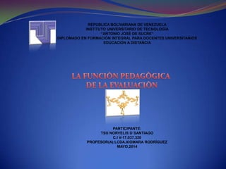 PARTICIPANTE:
TSU NORVELIS D`SANTIAGO
C.I V-17.037.320
PROFESOR(A):LCDA.XIOMARA RODRÌGUEZ
MAYO,2014
REPUBLICA BOLIVARIANA DE VENEZUELA
INSTITUTO UNIVERSITARIO DE TECNOLOGÌA
“ANTONIO JOSÈ DE SUCRE”
DIPLOMADO EN FORMACIÒN INTEGRAL PARA DOCENTES UNIVERSITARIOS
EDUCACION A DISTANCIA
 