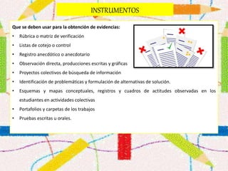 INSTRUMENTOS
Que se deben usar para la obtención de evidencias:
• Rúbrica o matriz de verificación
• Listas de cotejo o control
• Registro anecdótico o anecdotario
• Observación directa, producciones escritas y gráficas
• Proyectos colectivos de búsqueda de información
• Identificación de problemáticas y formulación de alternativas de solución.
• Esquemas y mapas conceptuales, registros y cuadros de actitudes observadas en los
estudiantes en actividades colectivas
• Portafolios y carpetas de los trabajos
• Pruebas escritas u orales.
 