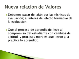 Debemos pasar del afán por las técnicas de 
evaluación; al interés del efecto formativo de 
la evaluación. 
Que el proceso de aprendizaje lleve al 
compromiso del estudiante con cambios de 
actitud y procesos morales que llevan a la 
practica lo aprendido. 
 