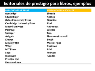 Editoriales de prestigio para libros, ejemplos
PARA TODAS LAS ÁREAS         HUMANIDADES Y SOCIALES
Routledge              ...