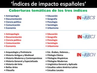 ‘Índices de impacto españoles’
    Coberturas temáticas de los tres índices
• Antropología                       • Educaci...