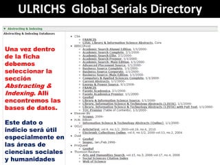ULRICHS Global Serials Directory

Una vez dentro
de la ficha
debemos
seleccionar la
sección
Abstracting &
Indexing. Allí
e...