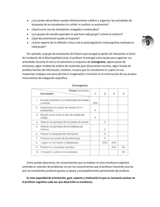9
¿Las pautas del profesor ayudan efectivamente a definir y organizar las actividades de
búsqueda de los estudiantes sin cohibir ni sustituir su autonomía?
¿Qué ocurre con los estudiantes rezagados o estancados?
¿Los grupos de estudio aprenden lo que hace cada grupo? ¿Cómo se enteran?
¿Qué documentación queda al respecto?
¿Existe registro de la reflexión crítica y de la autorregulación metacognitiva realizada en
cada grupo?
Por ejemplo, al grupo de estudiantes de historia que escogió la opción de interpretar la Carta
de Fundación de la Municipalidad Local, el profesor le entregó como ayuda para organizar sus
actividades durante el mes (o el semestre) un esquema de cronograma, alguna pauta de
entrevista, algún modelo de análisis de contenido para documentos escritos, algún listado de
posibles fuentes de información, etcétera, no para que los estudiantes lo copien en sus
respectivos trabajos sino para abrirles la imaginación e iniciarlos en la construcción de sus propios
instrumentos de indagación específica.
Como puede observarse, los conocimientos que se evalúan en esta enseñanza cognitiva
centrada en solución de problemas no son los conocimientos que el profesor transmite sino los
que los estudiantes producen gracias al apoyo y acompañamiento permanente del profesor.
Es esta capacidad de orientación, guía, soporte y motivación la que es necesaria evaluar en
el profesor cognitivo cada vez que desarrolla su enseñanza.