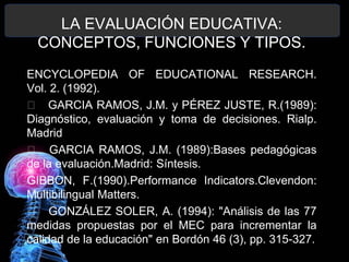 LA EVALUACIÓN EDUCATIVA:
CONCEPTOS, FUNCIONES Y TIPOS.
ENCYCLOPEDIA OF EDUCATIONAL RESEARCH.
Vol. 2. (1992).
􀂄 GARCIA RAMOS, J.M. y PÉREZ JUSTE, R.(1989):
Diagnóstico, evaluación y toma de decisiones. Rialp.
Madrid
􀂄 GARCIA RAMOS, J.M. (1989):Bases pedagógicas
de la evaluación.Madrid: Síntesis.
GIBBON, F.(1990).Performance Indicators.Clevendon:
Multibilingual Matters.
􀂄 GONZÁLEZ SOLER, A. (1994): "Análisis de las 77
medidas propuestas por el MEC para incrementar la
calidad de la educación" en Bordón 46 (3), pp. 315-327.

 