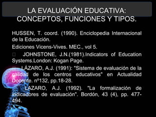LA EVALUACIÓN EDUCATIVA:
CONCEPTOS, FUNCIONES Y TIPOS.
HUSSEN, T. coord. (1990). Enciclopedia Internacional
de la Educación.
Ediciones Vicens-Vives. MEC., vol 5.
􀂄 JOHNSTONE, J.N.(1981).Indicators of Education
Systems.London: Kogan Page.
􀂄 LÁZARO, A.J. (1991): "Sistema de evaluación de la
calidad de los centros educativos" en Actualidad
Docente. nº132, pp.18-28.
􀂄 LAZARO, A.J. (1992). "La formalización de
indicadores de evaluación". Bordón, 43 (4), pp. 477494.

 