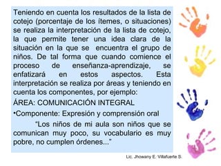 Teniendo en cuenta los resultados de la lista de
cotejo (porcentaje de los ítemes, o situaciones)
se realiza la interpretación de la lista de cotejo,
la que permite tener una idea clara de la
situación en la que se encuentra el grupo de
niños. De tal forma que cuando comience el
proceso      de    enseñanza-aprendizaje,       se
enfatizará     en     estos    aspectos.      Esta
interpretación se realiza por áreas y teniendo en
cuenta los componentes, por ejemplo:
ÁREA: COMUNICACIÓN INTEGRAL
•Componente: Expresión y comprensión oral
       “Los niños de mi aula son niños que se
comunican muy poco, su vocabulario es muy
pobre, no cumplen órdenes...”
                                    Lic. Jhowany E. Villafuerte S.
 
