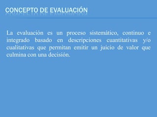 CONCEPTO DE EVALUACIÓN


La evaluación es un proceso sistemático, continuo e
integrado basado en descripciones cuantitativas y/o
cualitativas que permitan emitir un juicio de valor que
culmina con una decisión.
 