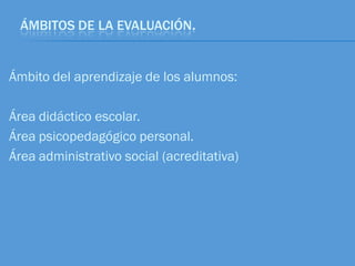 ÁMBITOS DE LA EVALUACIÓN.


Ámbito del aprendizaje de los alumnos:

Área didáctico escolar.
Área psicopedagógico personal.
Área administrativo social (acreditativa)
 