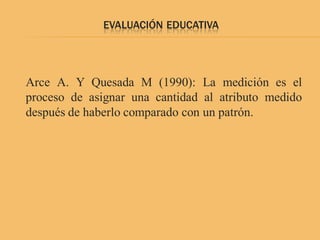 EVALUACIÓN EDUCATIVA




Arce A. Y Quesada M (1990): La medición es el
proceso de asignar una cantidad al atributo medido
después de haberlo comparado con un patrón.
 