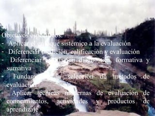 Objetivos específicos: Aplicar el enfoque sistémico a la evaluación Diferenciar medición, calificación y evaluación Diferenciar evaluación diagnóstica, formativa y sumativa Fundamentar la selección de métodos de evaluación Aplicar técnicas modernas de evaluación de conocimientos, actividades y productos de aprendizaje 