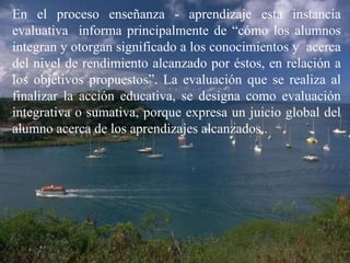 En el proceso enseñanza - aprendizaje esta instancia evaluativa  informa principalmente de “cómo los alumnos integran y otorgan significado a los conocimientos y  acerca del nivel de rendimiento alcanzado por éstos, en relación a los objetivos propuestos”. La evaluación que se realiza al finalizar la acción educativa, se designa como evaluación integrativa o sumativa, porque expresa un juicio global del alumno acerca de los aprendizajes alcanzados.. 