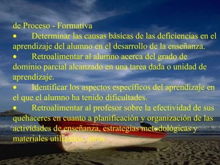 de Proceso - Formativa          Determinar las causas básicas de las deficiencias en el aprendizaje del alumno en el desarrollo de la enseñanza.          Retroalimentar al alumno acerca del grado de dominio parcial alcanzado en una tarea dada o unidad de aprendizaje.          Identificar los aspectos específicos del aprendizaje en el que el alumno ha tenido dificultades.          Retroalimentar al profesor sobre la efectividad de sus quehaceres en cuanto a planificación y organización de las actividades de enseñanza, estrategias metodológicas y materiales utilizados, otros.   