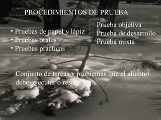 PROCEDIMIENTOS DE PRUEBA Pruebas de papel y lápiz Pruebas orales Pruebas prácticas Conjunto de tareas y problemas que el alumno  debe  ejecutar o resolver  Prueba objetiva Prueba de desarrollo Prueba mixta 