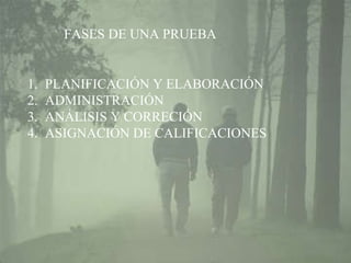 FASES DE UNA PRUEBA PLANIFICACIÓN Y ELABORACIÓN ADMINISTRACIÓN ANÁLISIS Y CORRECIÓN ASIGNACIÓN DE CALIFICACIONES 