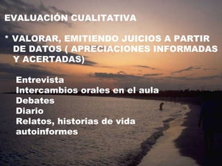 EVALUACIÓN CUALITATIVA * VALORAR, EMITIENDO JUICIOS A PARTIR DE DATOS ( APRECIACIONES INFORMADAS Y ACERTADAS) Entrevista Intercambios orales en el aula Debates Diario Relatos, historias de vida autoinformes 