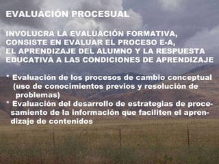 EVALUACIÓN PROCESUAL INVOLUCRA LA EVALUACIÓN FORMATIVA, CONSISTE EN EVALUAR EL PROCESO E-A, EL APRENDIZAJE DEL ALUMNO Y LA RESPUESTA EDUCATIVA A LAS CONDICIONES DE APRENDIZAJE * Evaluación de los procesos de cambio conceptual (uso de conocimientos previos y resolución de problemas) * Evaluación del desarrollo de estrategias de proce- samiento de la información que faciliten el apren- dizaje de contenidos 