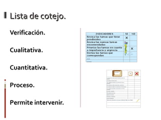 Lista de cotejo.Lista de cotejo.
Verificación.
Cualitativa.
Cuantitativa.
Proceso.
Permite intervenir.
 