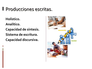 Producciones escritas.Producciones escritas.
Holístico.
Analítico.
Capacidad de síntesis.
Sistema de escritura.
Capacidad discursiva.
 