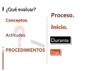 ¿Qué evaluar?¿Qué evaluar?
Durante.Durante.
Final.Final.
Proceso.
 