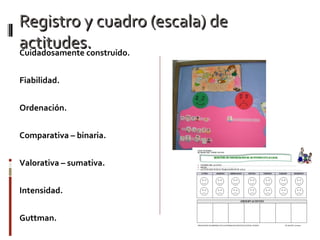 Registro y cuadro (escala) deRegistro y cuadro (escala) de
actitudes.actitudes.Cuidadosamente construido.
Fiabilidad.
Ordenación.
Comparativa – binaria.
Valorativa – sumativa.
Intensidad.
Guttman.
 