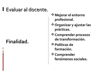Evaluar al docente.Evaluar al docente.
Finalidad.
Mejorar el entorno
profesional.
Organizar y ajustar las
prácticas.
Comprender procesos
de transformación.
Políticas de
formación.
Comprender
fenómenos sociales.
 