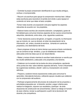 ­ Controlar la propia comprensión identificando lo que resulta ambiguo, 
confuso o incomprensible. 
­ Recurrir a la escritura para apoyar la comprensión mientras leen. Utilizar 
estas escrituras para reconstruir el sentido de lo leído o para repasar el 
contenido sin tener que releer el texto completo. 
­Tomar notas durante una exposición oral para registrar los aspectos 
relevantes de acuerdo con  los propósitos. 
­ Elaborar textos escritos (de creciente extensión, complejidad y grado de 
formalidad) para comunicar diversos aspectos de los nuevos conocimientos 
adquiridos, atendiendo, entre otras, a las  siguientes cuestiones: 
­ Tomar decisiones acerca del género, el registro, el soporte, la información 
que se incluirá y la  que se obviará, el orden de presentación de la 
información, etc. antes y durante la escritura,  tomando en cuenta los 
propósitos y los destinatarios del texto.  
­ Hacer progresar el tema al mismo tiempo que avanza el texto controlando 
que se conserve el eje  temático, y que se establezcan relaciones 
adecuadas entre las ideas que se van desarrollando. 
­ Releer y revisar el texto mientras lo escriben hasta alcanzar un escrito que 
les resulte satisfactorio y adecuado a los propósitos y los lectores. 
­ Colaborar con la revisión de los textos de otros compañeros, aportando 
otros puntos de vista  sobre distintos aspectos del tema. Tomar críticamente 
las sugerencias recibidas y decidir  sobre su incorporación a la versión 
definitiva. 
­ Preparar y sostener breves exposiciones orales para comunicar lo 
aprendido, intercalando lecturas y utilizando apoyos visuales que colaboren 
con la comprensión del auditorio. 
­ Participar progresivamente del proceso de evaluación de los proyectos y 
actividades propuestos por  el docente: acordar y seguir criterios para 
realizar la indagación, exponer sus resultados y participar  de otras 
situaciones de construcción de conocimientos; valorar su trabajo en función 
de esos criterios; revisar su participación a partir de la devolución del 
docente y los compañeros. 
 