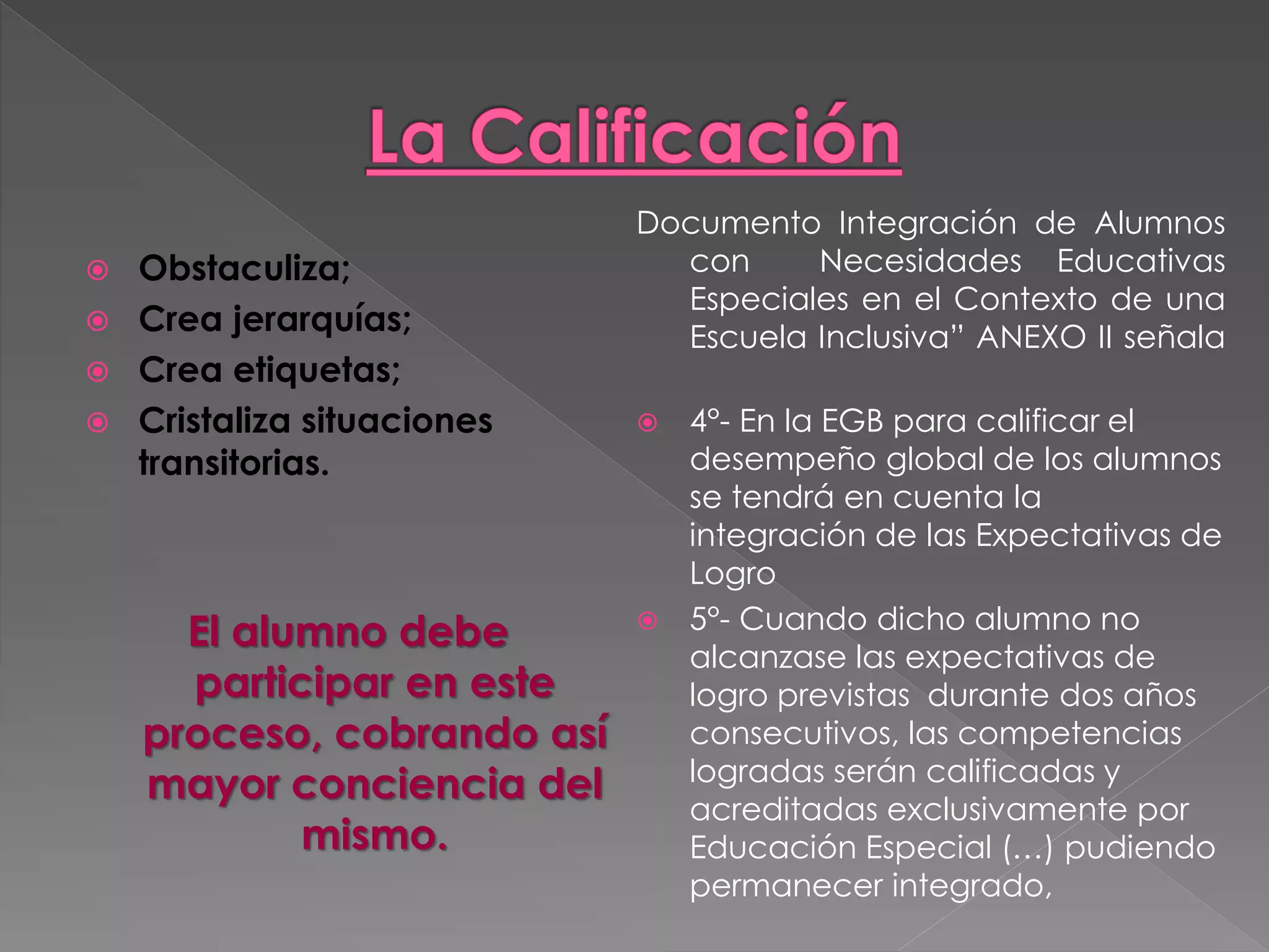  Obstaculiza; 
 Crea jerarquías; 
 Crea etiquetas; 
 Cristaliza situaciones 
transitorias. 
El alumno debe 
participar en este 
proceso, cobrando así 
mayor conciencia del 
mismo. 
Documento Integración de Alumnos 
con Necesidades Educativas 
Especiales en el Contexto de una 
Escuela Inclusiva” ANEXO II señala 
 4°- En la EGB para calificar el 
desempeño global de los alumnos 
se tendrá en cuenta la 
integración de las Expectativas de 
Logro 
 5°- Cuando dicho alumno no 
alcanzase las expectativas de 
logro previstas durante dos años 
consecutivos, las competencias 
logradas serán calificadas y 
acreditadas exclusivamente por 
Educación Especial (…) pudiendo 
permanecer integrado, 
 