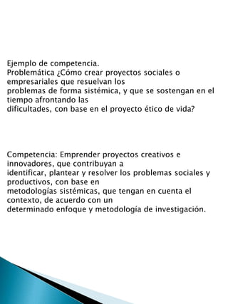 Ejemplo de competencia.
Problemática ¿Cómo crear proyectos sociales o
empresariales que resuelvan los
problemas de forma sistémica, y que se sostengan en el
tiempo afrontando las
dificultades, con base en el proyecto ético de vida?
Competencia: Emprender proyectos creativos e
innovadores, que contribuyan a
identificar, plantear y resolver los problemas sociales y
productivos, con base en
metodologías sistémicas, que tengan en cuenta el
contexto, de acuerdo con un
determinado enfoque y metodología de investigación.
 