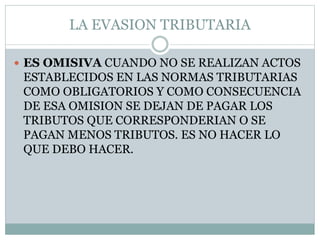 LA EVASION TRIBUTARIA
 ES OMISIVA CUANDO NO SE REALIZAN ACTOS
ESTABLECIDOS EN LAS NORMAS TRIBUTARIAS
COMO OBLIGATORIOS Y COMO CONSECUENCIA
DE ESA OMISION SE DEJAN DE PAGAR LOS
TRIBUTOS QUE CORRESPONDERIAN O SE
PAGAN MENOS TRIBUTOS. ES NO HACER LO
QUE DEBO HACER.
 