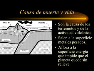 Causa de muerte y vida Son la causa de los terremotos y de la actividad volcánica. Salen a la superficie metales pesados. Aflora a la superficie energía que impide que el planeta quede sin relieve 