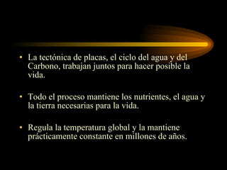 La tectónica de placas, el ciclo del agua y del Carbono, trabajan juntos para hacer posible la vida. Todo el proceso mantiene los nutrientes, el agua y la tierra necesarias para la vida. Regula la temperatura global y la mantiene prácticamente constante en millones de años. 