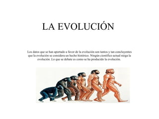 LA EVOLUCIÓN Los datos que se han aportado a favor de la evolución son tantos y tan concluyentes que la evolución se considera un hecho histórico. Ningún científico actual niega la evolución .Lo que se debate es como se ha producido la evolución.  