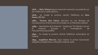 1876….. Bell y Watson logran transmitir transmitir una señal de voz
por medio de un cable eléctrico.
1878… Se instala la primera central Telefónica en New
Haven, EE.UU.
1880… Thomas Alva Edison descubre en una lámpara de
incandescencia, el fénomeno de emisiópn en un filamento caliente.
1989… Nacimiento de la Internet. Creada por Tim Barners Lee en
el Instituto Europeo de Investigación de
Física de Partículas (CERN)
1892… Se instala la primera Central Telefónica Automática en
Indiana.
1895… Guglielmo Marconi, logra realizar la primer transmisión
telegráfica inhalámbrica, utilizando ondas de radio.
 