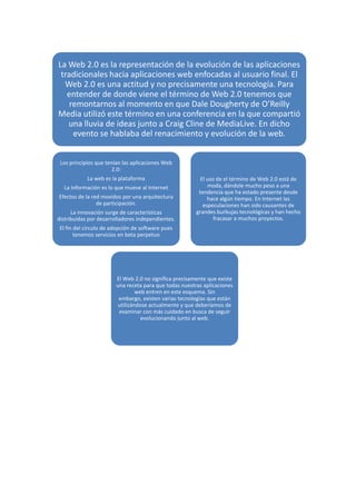 La Web 2.0 es la representación de la evolución de las aplicaciones
tradicionales hacia aplicaciones web enfocadas al usuario final. El
Web 2.0 es una actitud y no precisamente una tecnología. Para
entender de donde viene el término de Web 2.0 tenemos que
remontarnos al momento en que Dale Dougherty de O’Reilly
Media utilizó este término en una conferencia en la que compartió
una lluvia de ideas junto a Craig Cline de MediaLive. En dicho
evento se hablaba del renacimiento y evolución de la web.
Los principios que tenían las aplicaciones Web
2.0:
La web es la plataforma
La información es lo que mueve al Internet
Efectos de la red movidos por una arquitectura
de participación.
La innovación surge de características
distribuidas por desarrolladores independientes.

El uso de el término de Web 2.0 está de
moda, dándole mucho peso a una
tendencia que ha estado presente desde
hace algún tiempo. En Internet las
especulaciones han sido causantes de
grandes burbujas tecnológicas y han hecho
fracasar a muchos proyectos.

El fin del círculo de adopción de software pues
tenemos servicios en beta perpetuo

El Web 2.0 no significa precisamente que existe
una receta para que todas nuestras aplicaciones
web entren en este esquema. Sin
embargo, existen varias tecnologías que están
utilizándose actualmente y que deberíamos de
examinar con más cuidado en busca de seguir
evolucionando junto al web.

 