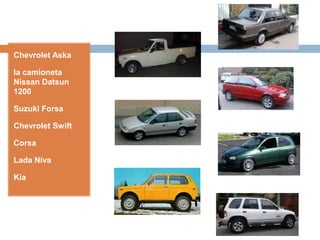 Chevrolet Aska

la camioneta
Nissan Datsun
1200

Suzuki Forsa

Chevrolet Swift

Corsa

Lada Niva

Kia
 