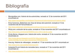 Bibliografía

   Monografias.com, historia de los automóviles, revisado el 12 de noviembre del 2011
    encontrado en:
   http://www.monografias.com/trabajos15/automovil-historia/automovil-historia.shtml
   Erica Canencio, Slideshare.net, línea de tiempo del automóvil, revisado el 12 de
    noviembre del 2011encontrado en:
   http://www.slideshare.net/erikacanencio/linea-de-tiempo-del-automovil
   Wiziq.com, evolución de los autos, revisado el 10 de noviembre del 2011 encontrados en:
   http://www.wiziq.com/tutorial/35069-Evoluci-243-n-de-los-autos
   Cindy Alonso, blogspot.com, historia del coche, revisado el 15 de noviembre del 2011
    encontrado en:
   http://cindy-alonso.blogspot.com/2010/10/la-historia-del-
    coche.htmlhttp://cv.uoc.edu/~jmora/misc/100historia.html
   Avw.org. Historia de volkswagen, revisado el 17 de noviembre del 2011 encontrado en:
   http://www.avwc.org/castella/historiavw.htm
   Autopista18.com historia de mercedes benz, revisado el 17 de noviembre del 2011
    encontrado en:
   http://www.autopasion18.com/HISTORIA-MERCEDES-BENZ.htm
 