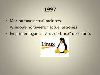1997 
• Mac no tuvo actualizaciones 
• Windows no tuvieron actualizaciones 
• En primer lugar "el virus de Linux" descubrió. 
 