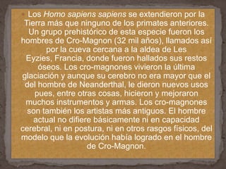 Los Homo sapiens sapiens se extendieron por la Tierra más que ninguno de los primates anteriores. Un grupo prehistórico de esta especie fueron los hombres de Cro-Magnon (32 mil años), llamados así por la cueva cercana a la aldea de Les Eyzies, Francia, donde fueron hallados sus restos óseos. Los cro-magnones vivieron la última glaciación y aunque su cerebro no era mayor que el del hombre de Neanderthal, le dieron nuevos usos pues, entre otras cosas, hicieron y mejoraron muchos instrumentos y armas. Los cro-magnones son también los artistas más antiguos. El hombre actual no difiere básicamente ni en capacidad cerebral, ni en postura, ni en otros rasgos físicos, del modelo que la evolución había logrado en el hombre de Cro-Magnon. 