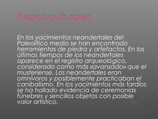  En los yacimientos neandertales del
Paleolítico medio se han encontrado
herramientas de piedra y artefactos. En los
últimos tiempos de los neandertales
aparece en el registro arqueológico,
considerado como más «avanzado» que el
musteriense. Los neandertales eran
omnívoros y posiblemente practicaban el
canibalismo. En los yacimientos más tardíos
se ha hallado evidencia de ceremonias
fúnebres y sencillos objetos con posible
valor artístico.
 