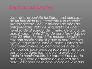 Lucy es el esqueleto fosilizado casi completo
de un homínido perteneciente a la especie
Australopitecus , de 3,2 millones de años de
antigüedades trata del esqueleto de una
hembra de alrededor de 1 metro de altura, de
aproximadamente 27 kg de peso (en vida), de
unos 20 años de edad (las muelas del juicio
estaban recién salidas) y que al parecer tuvo
hijos, aunque no se sabe cuántos. Dotada de
un cráneo minúsculo, comparable al de un
chimpancé, Lucy andaba sobre sus miembros
posteriores, signo formal de una evolución
hacia la hominización. La capacidad bípeda
de Lucy puede deducirse de la forma de su
pelvis, así como de la articulación de la rodilla.
 