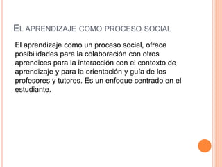 EL APRENDIZAJE COMO PROCESO SOCIAL
El aprendizaje como un proceso social, ofrece
posibilidades para la colaboración con otros
aprendices para la interacción con el contexto de
aprendizaje y para la orientación y guía de los
profesores y tutores. Es un enfoque centrado en el
estudiante.
 