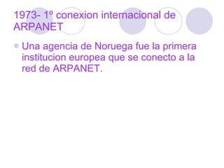 1973- 1º conexion internacional de ARPANET Una agencia de Noruega fue la primera institucion europea que se conecto a la red de ARPANET. 