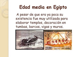 Edad media en Egipto   A pesar de que era ya poca su existencia fue muy utilizada para elaborar templos, decoración en tumbas, barcos, vigas y muros.