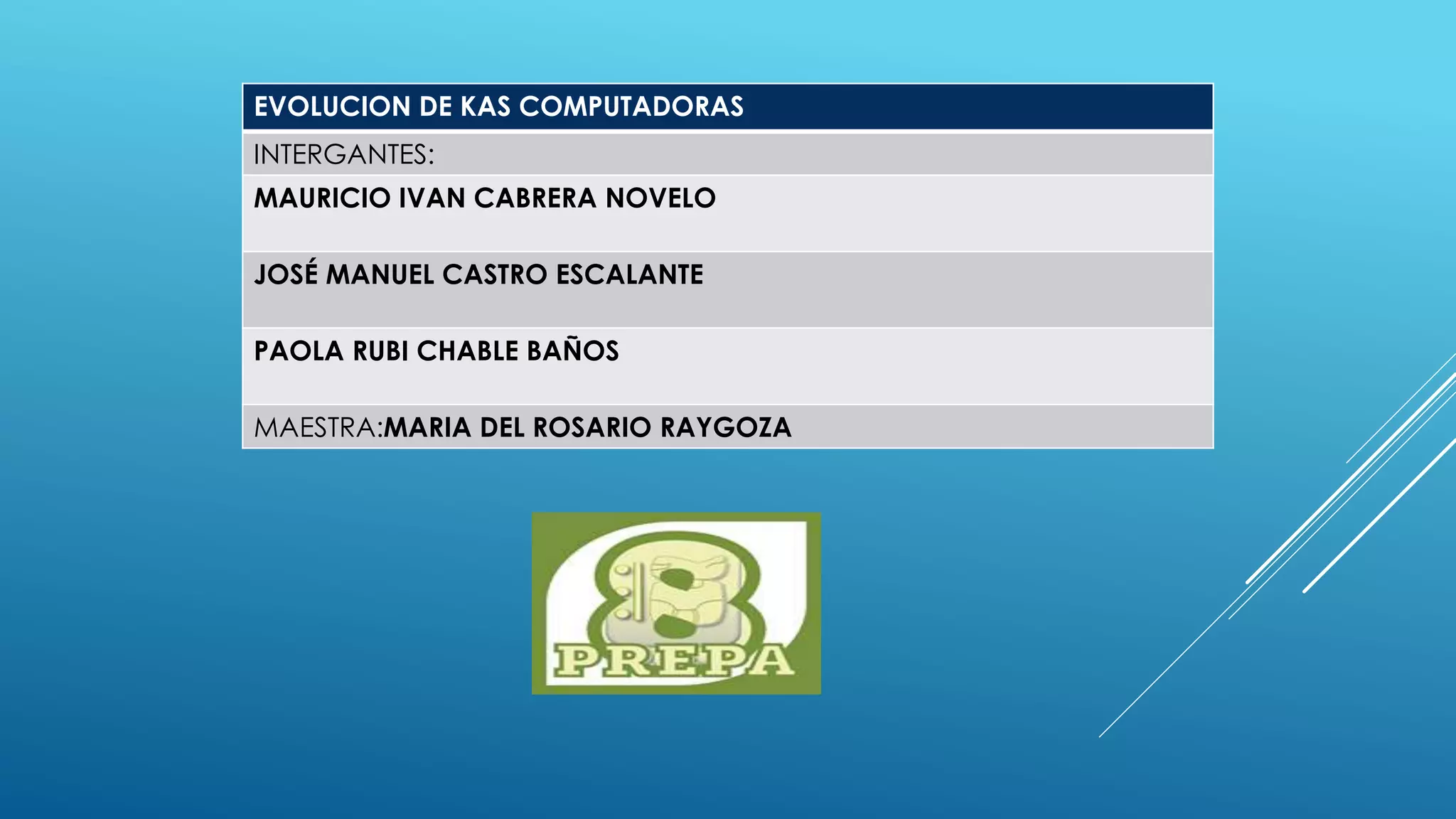 EVOLUCION DE KAS COMPUTADORAS
INTERGANTES:
MAURICIO IVAN CABRERA NOVELO
JOSÉ MANUEL CASTRO ESCALANTE
PAOLA RUBI CHABLE BAÑOS
MAESTRA:MARIA DEL ROSARIO RAYGOZA