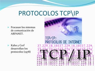 PROTOCOLOS   TCP\IP Fracasan los sistemas de comunicación de ARPANET. Kahn y Cerf desarrollan los protocolos (1978) 