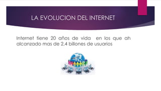 LA EVOLUCION DEL INTERNET 
Internet tiene 20 años de vida en los que ah 
alcanzado mas de 2,4 billones de usuarios 
 